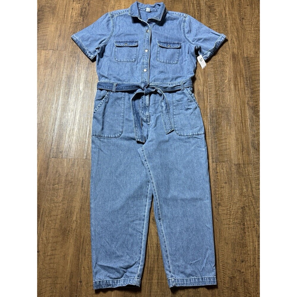 NWT Old Navy Womens Blue Denim Jumpsuit Belted Straight Leg Button Front Large
